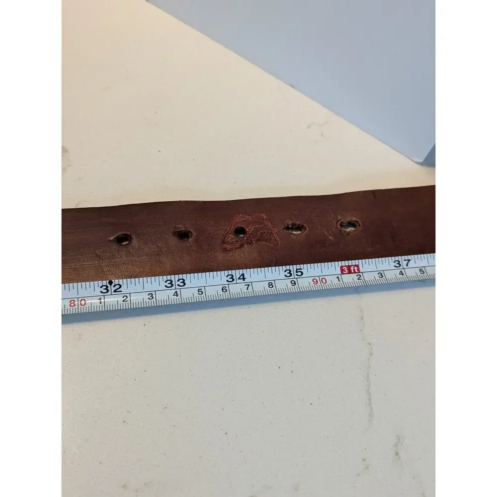 Men's Brown Leather Belt 36 Solid Brass Buckle Fish Embossed